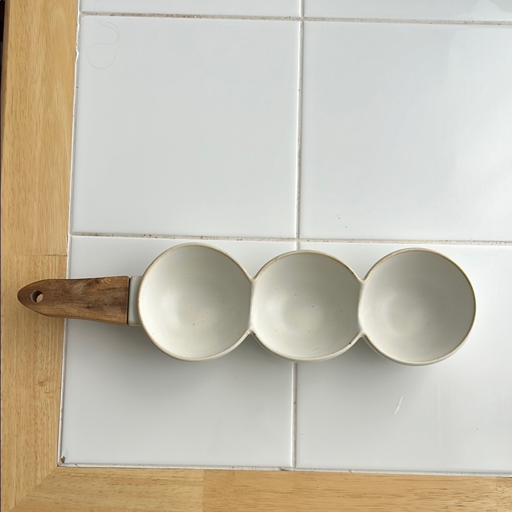White Ceramic Triple Bowl with Wooden Handle